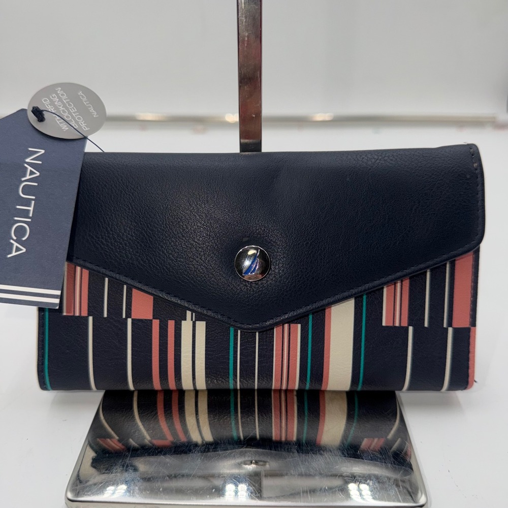 Nautica Womens Double On Board Wallet RFID Blocking Navy Ribbon Stripe MSRP 49